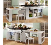 Isla de cocina con 3 puertas, 3 cajones y compartimentos - encimera extensible - 150/246 x 90 x 90 cm - madera mdf - blanco + negro