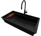 Primagran fregadero granito todo negro 86x47cm, fregadero cocina 1 seno + sifón + accesorios, fregadero sobre encimera al mueble 90cm - prague slim