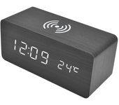 Reloj despertador digital, con pantalla led electrónica de madera, atenuador, radio despertador 12/24 horas con estación de carga inalámbrica rápida,