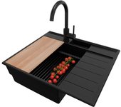 Primagran fregadero granito todo negro 62x53cm, fregadero cocina 1 seno + sifón + accesorios, fregadero sobre encimera al mueble 45cm - sydney pocket