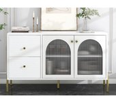 Aparador de 120 cm con 2 puertas de cristal y 2 cajones - tapa efecto mármol - patas doradas - blanco