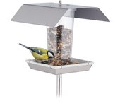 Relaxdays comedero pájaros acero inoxidable, alimentador aves silvestres, con estaca y cuerda para colgar, plateado