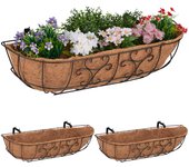 Relaxdays jardineras de balcón set de 3, para colgar en barandilla, hierro y fibra de coco, 21x76x22 cm, marrón/natural