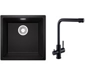 Fregadero de 1 lavabo de cuarzo y resina, 3 opciones de montaje, 45*44*20 cm + mezclador de fregadero de 3 vías, 2 palancas, negro