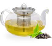 Relaxdays tetera con infusor, 600 ml, vidrio borosilicato, acero inoxidable, jarrita té a granel, transparente/plateado