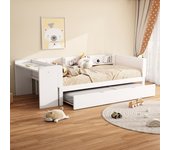 Cama nido 90 x 200 cm + 90 x 180 cm con escritorio y 3 estantes - madera de pino maciza - somier de láminas - blanco