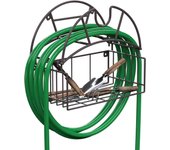 Soporte para manguera de jardín, de metal resistente, para montaje en pared, con cesta para herramientas
