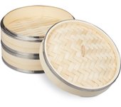 Relaxdays vaporera bambú, 2 pisos, anillos de metal, cesta arroz o verduras, para comida asiática, ø 25,5 cm, natural