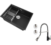 Fregadero cocina 1 bandeja 60*44*20cm,inox 304,para empotrar/sub-plancon cesta de drenaje, negro+grifo cocina resorte con ducha extensible,2 modos