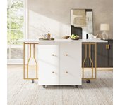Mesa de comedor plegable y móvil para 4 a 6 personas - con 2 puertas - 80/140 x 75 x 76,3 cm - mdf jaspeado - blanco + oro