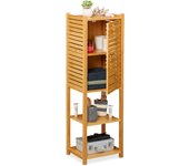 Relaxdays estantería de baño, cinco baldas, con puerta, mueble auxiliar estrecho, bambú, 113 x 35 x 29 cm, 1 ud., marrón