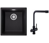 Fregadero de 1 lavabo de cuarzo y resina, 3 opciones de montaje, 40*44*20 cm + mezclador de fregadero de 3 vías, 2 palancas, negro