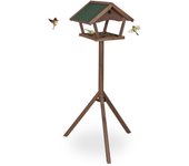 Relaxdays comedero pájaros trípode, casa aves, alimentador gorriones de pie, 139x70x60cm, tejado, madera, marrón y verde
