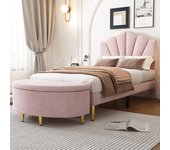 Cama shell - 90 x 200 cm - terciopelo - color rosa + banco de almacenaje + somier de láminas