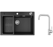Fregadero de 1 lavabo 70x45 cm fregadero de resina y cuarzo negro con escurridor y dispensador de jabón + mezclador de cocina cepillado