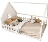 Cama infantil con barandilla, 140 x 200 cm, madera de pino, blanca, con barras de seguridad