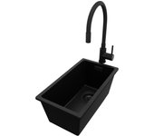 Primagran fregadero granito todo negro 26x47cm, fregadero cocina 1 seno + sifón + accesorios, fregadero sobre encimera al mueble 30cm - london slim