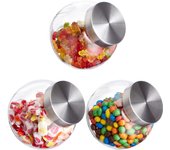 Relaxdays botes cristal, set 3, 1,5l, recipiente caramelos, alimentos, mesa chuches, tapa acero inoxidable, transparente