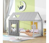 Cama-cabaña de madera de pino 90x200cm - cama infantil con techo y ventana y somier - gris