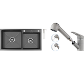 Fregadero de cocina 2 bac,negro,75x45x19cm,empotrado/ponible con dispensador de jabón+grifo cocina con ducha extragible 2 jets, gris