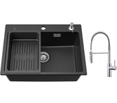 Cecipa max fregadero de cuarzo y resina 60*45cm, con escurridor y dispensador de jabón + mezclador de muelle cepillado con ducha extraíble