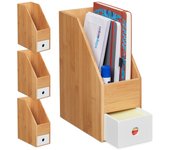 4 organizadores escritorio, papeles a4, revistero bambú, mdf, archivador oficina, 30 x 12 x 23 cm, natural/blanco