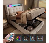 Cama contenedor 90 x 200 cm con cabecero led, toma usb tipo c - tejido de algodón - beige (sin colchón)