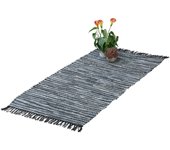 Relaxdays alfombra de pasillo con flecos, 70 x 140 cm, algodón y cuero, antideslizante, retazos, gris