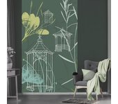 Papelera panorámica asegurada, patrón rural, con pergolas de hierro, atmósfera de jardín público, fondo verde oscuro, 250 cm x 150 cm