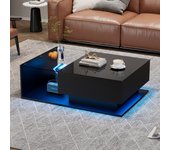 Mesa de centro con cajón grande - 100x50x32 cm - led - tapa de cristal - tablero de partículas - negro brillante