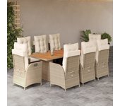 Conjunto de comedor de jardín y cojines 9 piezas poliratán beige