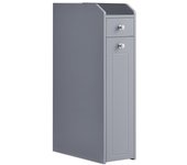 Armario de baño estrecho gris paloma con portarrollos y cajones, ideal para espacios pequeños