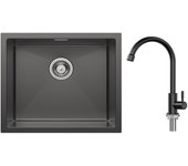 Cecipa max fregadero de cocina fregadero de acero inoxidable de 1 seno 50 * 44 cm negro antracita + grifo de cocina de agua fría, negro