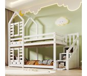 Literas 2 x 90 x 200 cm con 3 cajones y escaleras - madera maciza y mdf - 2 x somieres - blanco