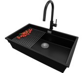 Primagran fregadero granito negro 76x47cm, fregadero cocina 1 seno + sifón + accesorios, fregadero sobre encimera al mueble 80cm - prague slim