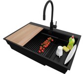 Primagran fregadero granito todo negro 78x53cm, fregadero cocina 1 seno + sifón + accesorios, fregadero sobre encimera al mueble 80cm - oslo max