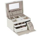 Relaxdays joyero, organizador joyas con espejo, soporte anillos, 18x26,5x19cm, estuche accesorios, efecto piel, blanco