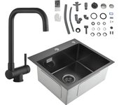 Cecipa max fregadero de cocina 2 en 1 de inox, 1 seno, negro gris, 50 x 45 x 18,5 cm + mezclador de cocina plegable bajo ventana negra con 2 chorros