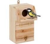 Relaxdays casa de pájaros con trampilla de limpieza, para herrerillos y colirrojos, madera, caja nido colgante, natural