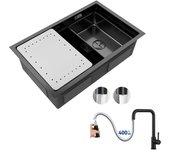 Fregadero de cocina 1 seno 70×44×21cm fregadero de acero inoxidable negro con escurridor y lavabo + grifo monomando con ducha extraíble, negro