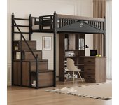Cama alta 90 x 200 cm con espacio de almacenamiento - metal + contrachapado + mdf - somier de láminas - negro