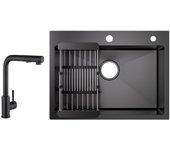 Fregadero cecipa max 1 de acero inoxidable con escurridor - fregadero negro 60×45×18 cm + grifo monomando con ducha extraíble 2 modos de chorro