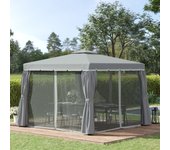 Cenador de jardín de 3 m x 3 m, pérgola exterior con doble techo, paredes laterales con mosquitera y estructura metálica, caseta de jardín