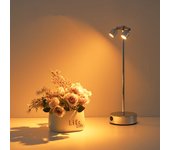 Lámpara de escritorio 360°, foco inalámbrico de doble cabezal, lámpara de mesa recargable, lámparas de batería para decoración, plateada