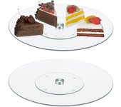 Relaxdays 2 platos giratorios tartas cristal y acero inoxidable, soporte pasteles, bollos, cupcakes, 30cm, transparente
