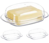 Relaxdays 3 mantequeras con tapa, mantequillera plástico, para bloques mantequilla 250g, 6,5x18,5x12,5 cm, transparente