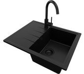 Primagran fregadero granito todo negro 62x50cm, fregadero cocina 1 seno + grifo 32x20cm + sifón, fregadero sobre encimera al mueble 40cm - milano