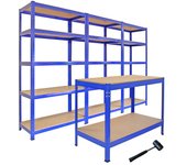 3 estanterías t-rax azules 90x45x180cm + 1 mesa de trabajo azul q-rax 120x60x90cm sin tornillos estación banco de