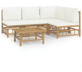 Muebles de jardín de 5 piezas con cojines de bambú blanco crema.