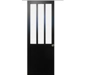 Puerta corredera de taller negra de cristal esmerilado h204 x l73 + riel de aluminio y 2 carcasas